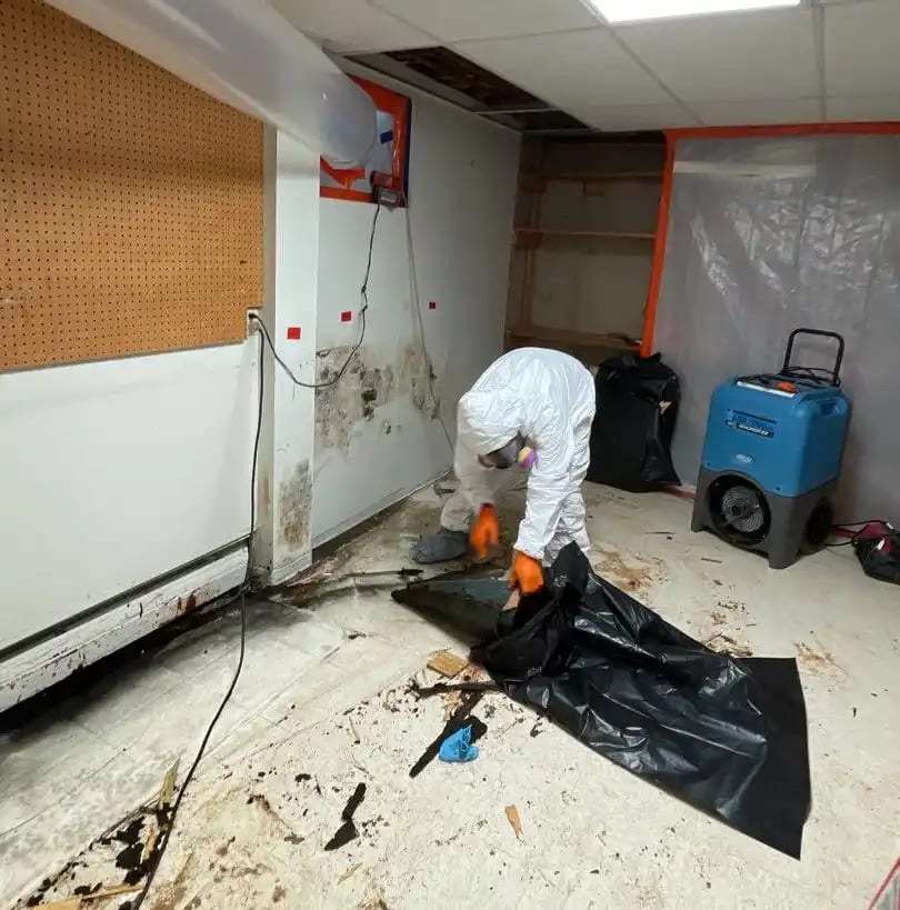 Technician in a protective suit bagging debris from a contaminated floor next to a containment