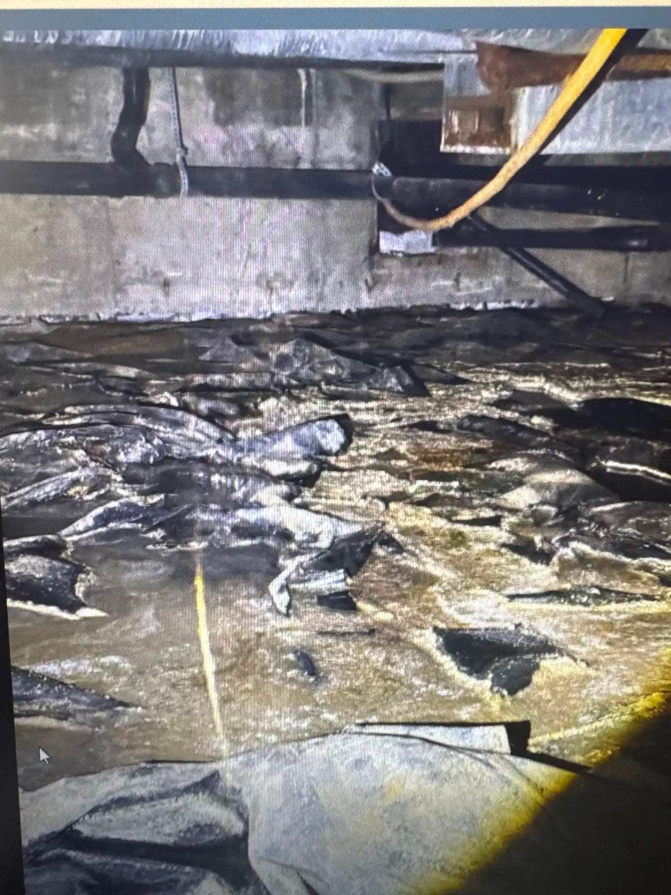 Crawlspace with torn plastic and debris over the dirt